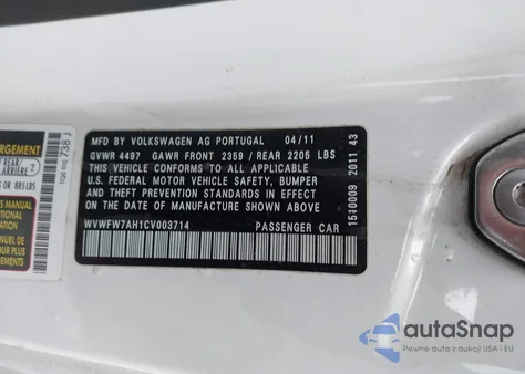 2012 Volkswagen Eos Executive из США, поврежденный, VIN WVWFW7AH1CV003714